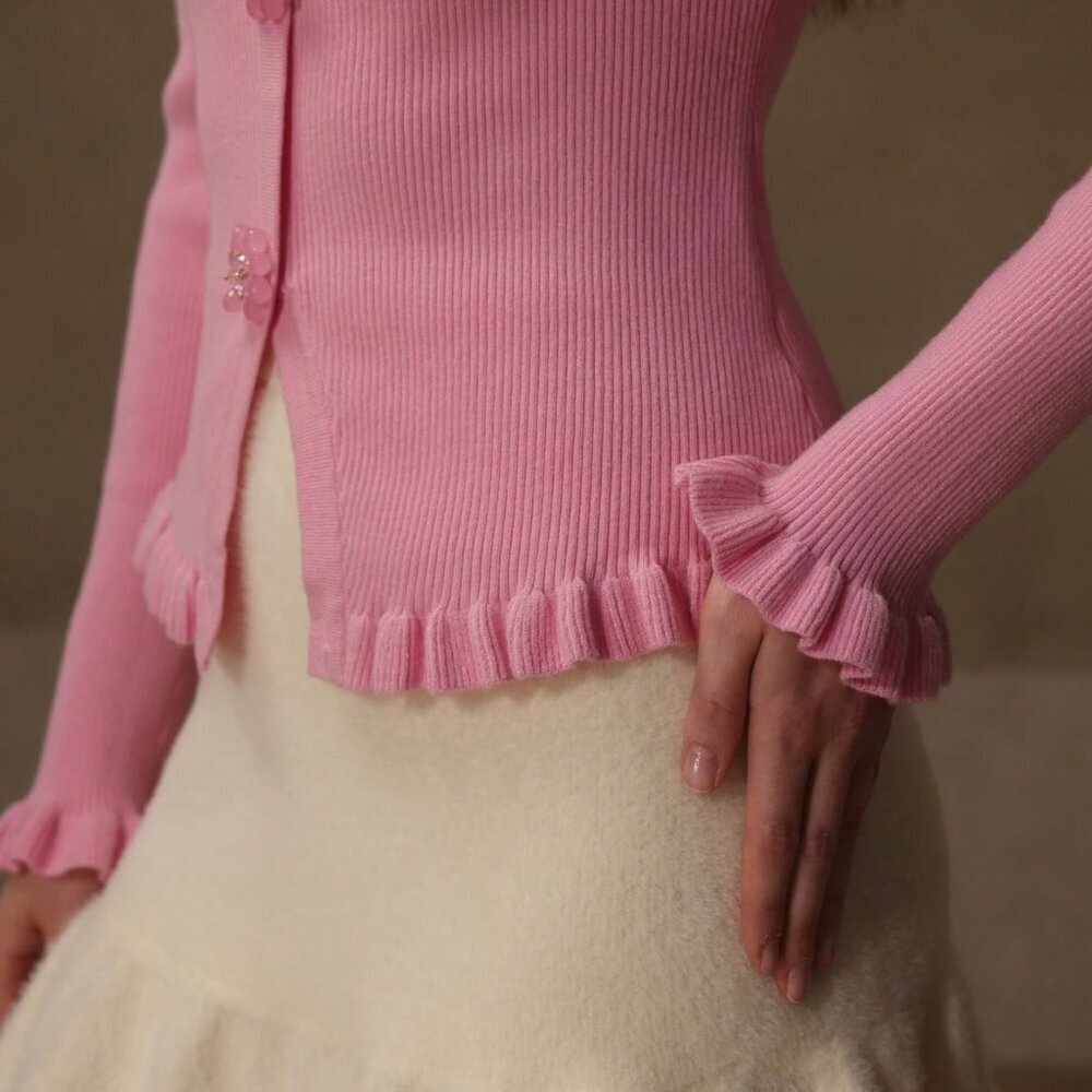 Baby Pink Casual Women's Rhinestone Flare Sleeve Sweater - Picture 3 of 7